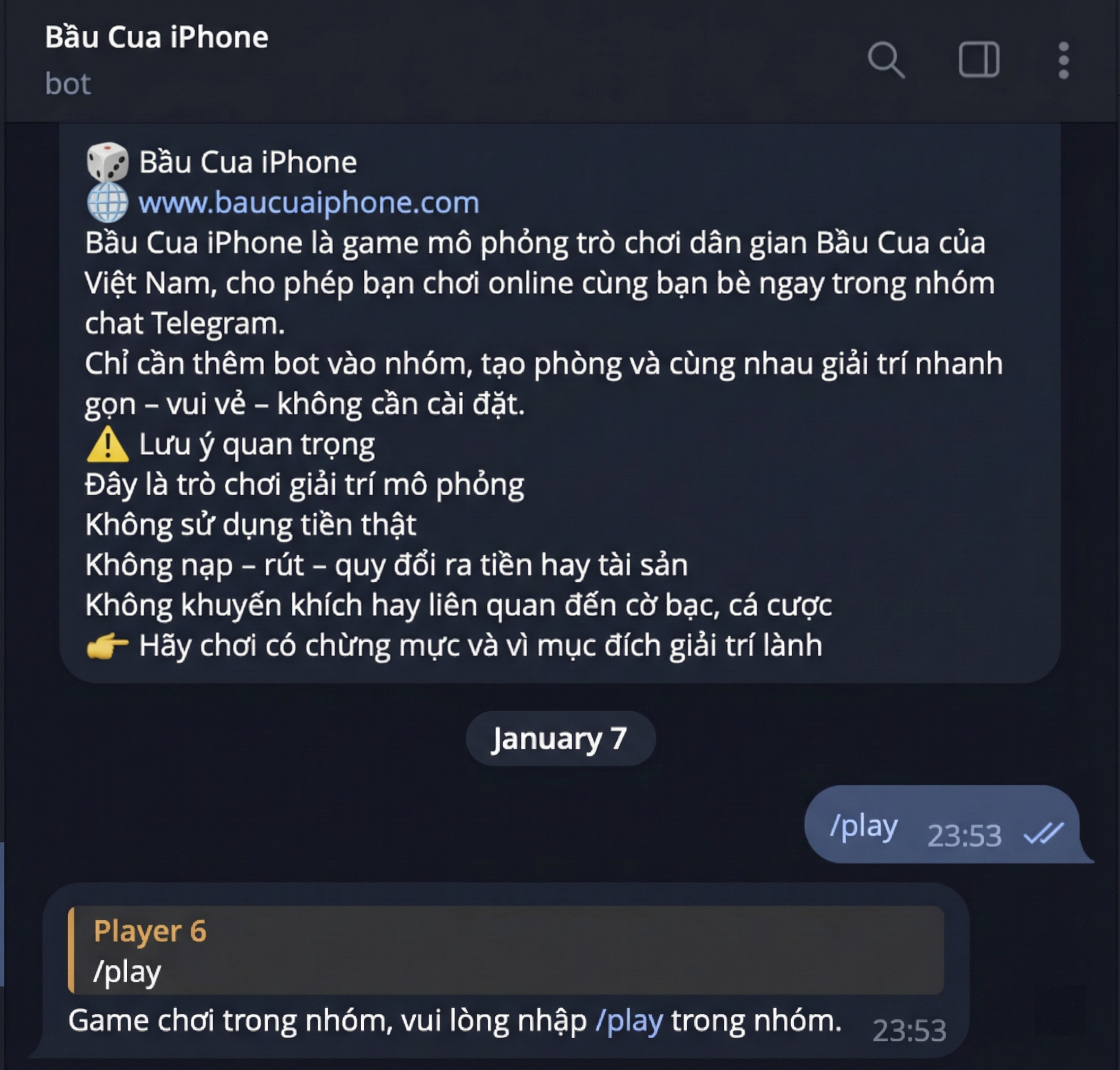 Mở bot @baucuaiphone_bot và nhập /play