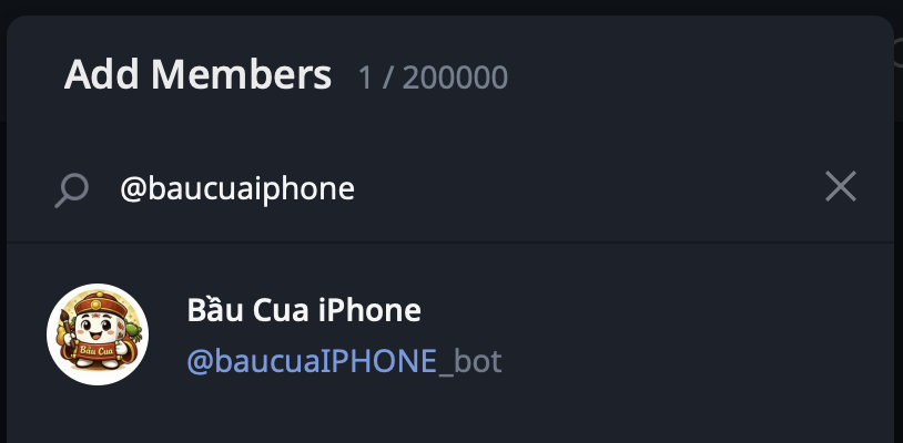 Thêm bot @baucuaiphone_bot vào nhóm Telegram